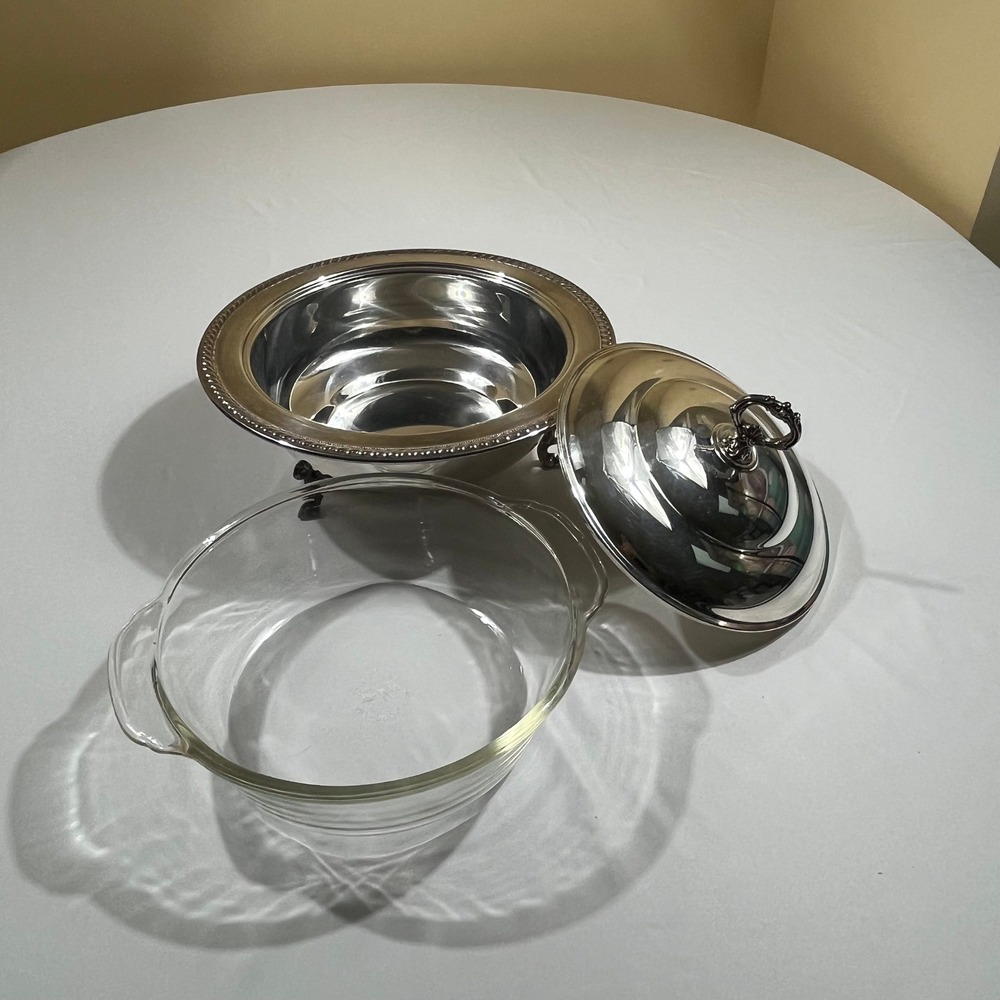 Anchor Hocking Fire-King Chafing Dish Server 2 Quart Silver Plated Footed Glass